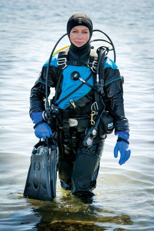 Alex Moen emerges from a dive while teaching a class at URI's Narragansett Bay Campus.