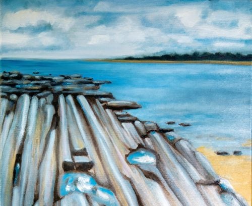 A painting by Michelle Henning ’22 depicting the view from Bonnet Shores Beach in Narragansett, Rhode Island
