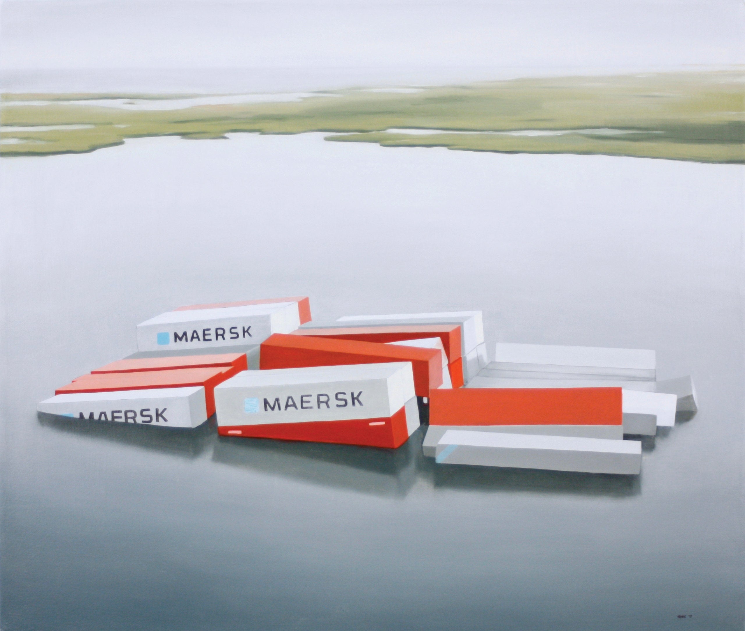 Painting by Mea Duke showing partially submerged shipping containers with Maersk written on the side