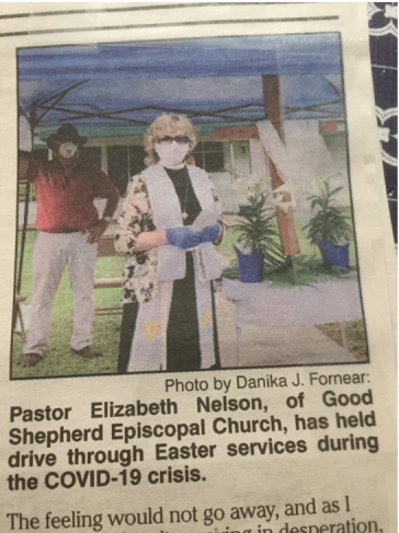 A newspaper clipping with Rev. Elizabeth Nelson wearing a mask during worship