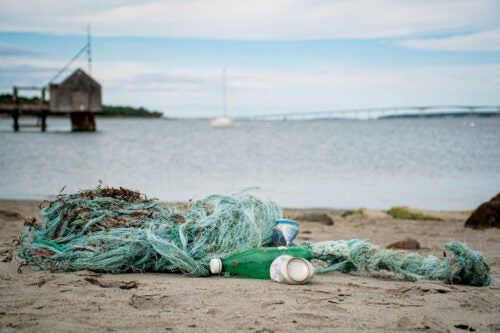 A tangled fishing net, with other debris on a beach in Narragansett with the Jamestown bridge in the distance