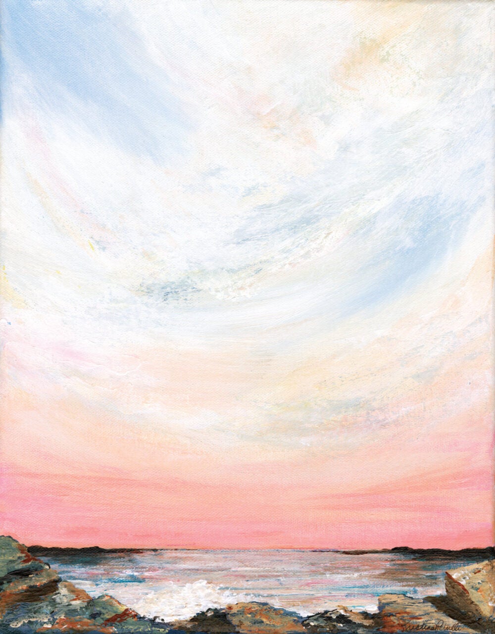 Seascape painting with large sunset sky over water and rocky foreground