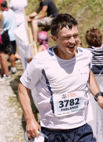 University of Rhode Island President, Marc Parlange at the finish of the Sierre-Zinal, a 31K mountain race in the Swiss Alps.