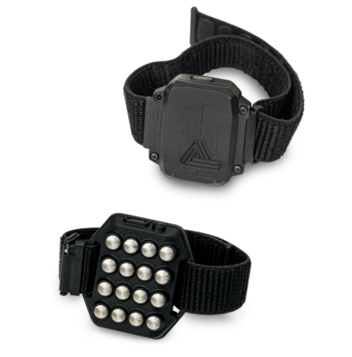 Pison's flagship product, a device that uses electrodes to capture tiny electrical pulses on the wearer's wrist. The device could revolutionize how we interact with the world, allowing people to control their environment with a simple hand gesture, or even the intention of a gesture.