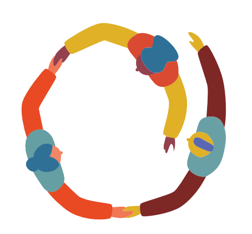 Abstract illustration showing three colorful human figures, seen from above,  clasping hands and forming a partial spiral shape