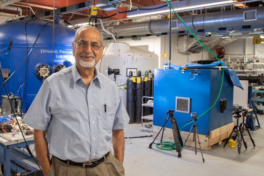 Engineering professor Arun Shukla in his Dynamic Photo-Mechanics Lab