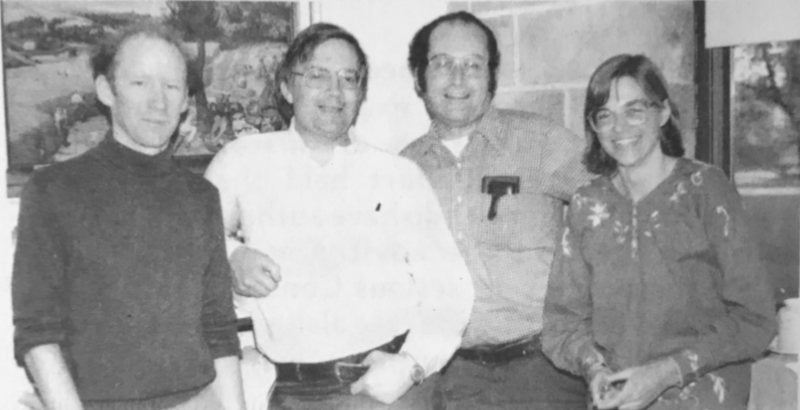 An old black and white image showing four early CRC staff members: Donald Robadue, M.C.P. ’76; Stephen Olsen, M.S. ’70; George Seavey; and Virginia Lee, M.S. ’79