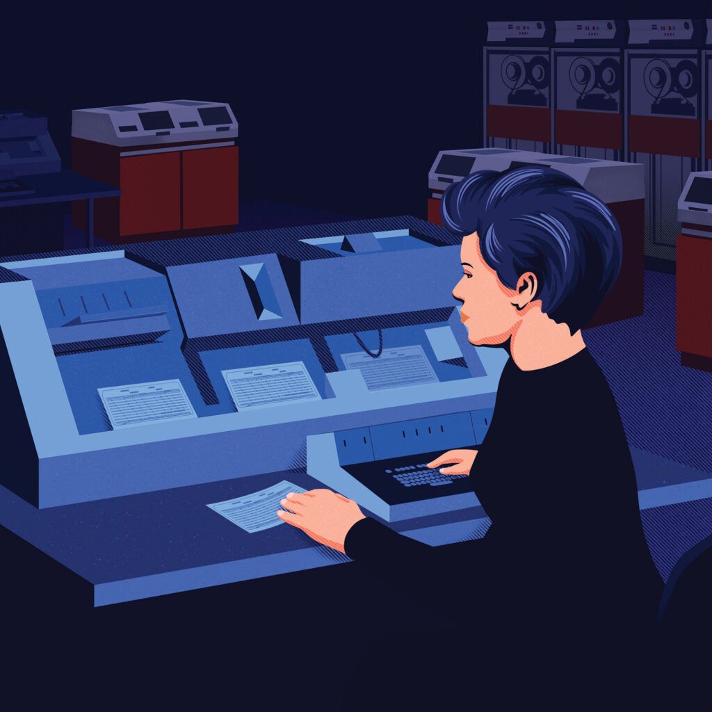 Graphic illustration of a woman sitting at a 1960s era computer