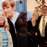 Barbara DeCubellis Taylor ’70 and Norm Schoeler ’71 on the URI campus in their senior year and n 2022 at a family wedding.