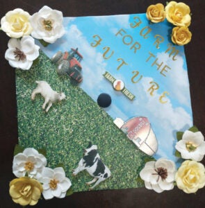 A graduation cap cap decorated by Trinity Testa, with a farm and animals and the words: Farm for the Future