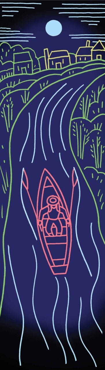 Artwork of a rowboat flowing down a river