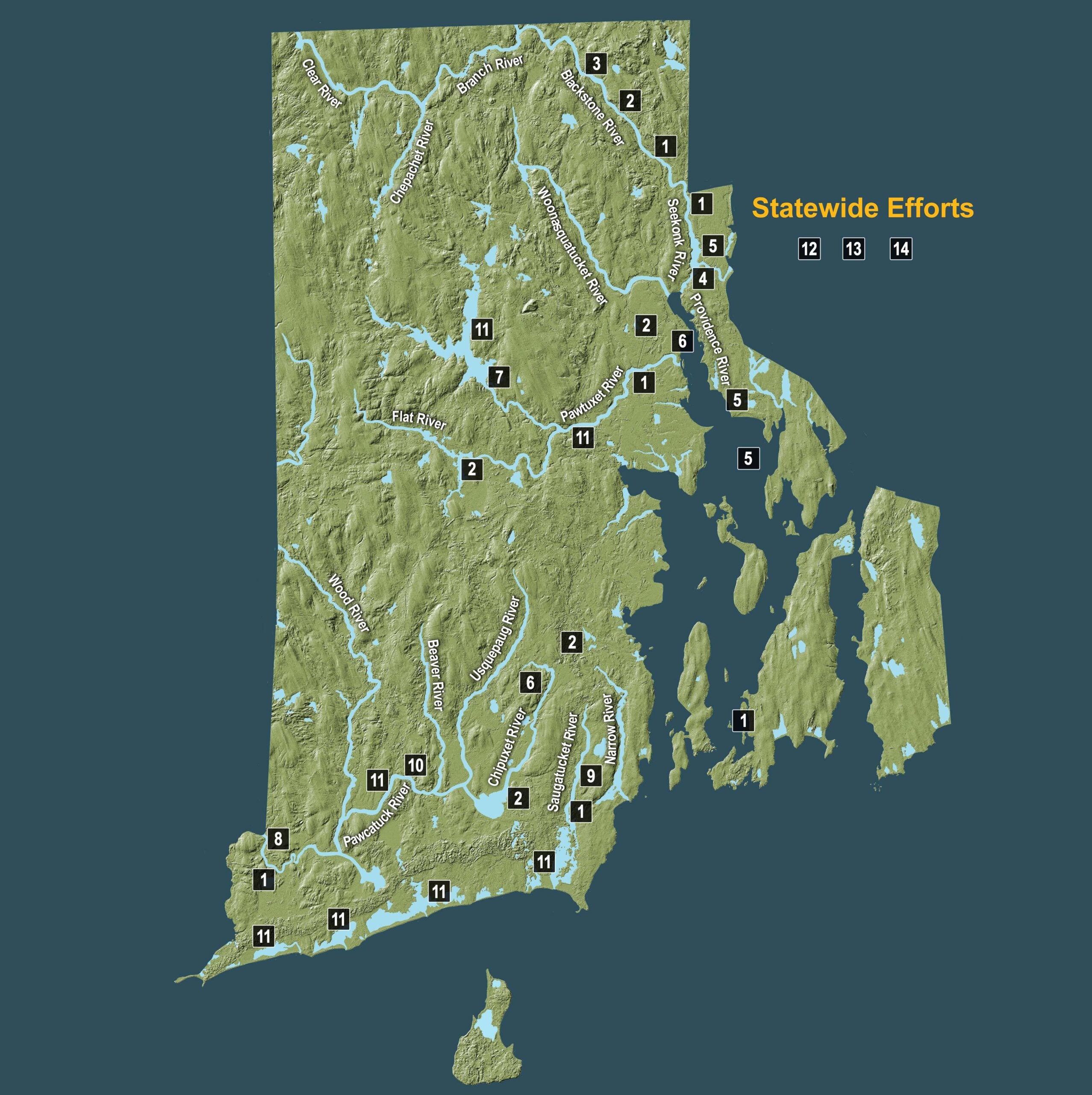 vector map of Rhode Island with the state's rivers named
