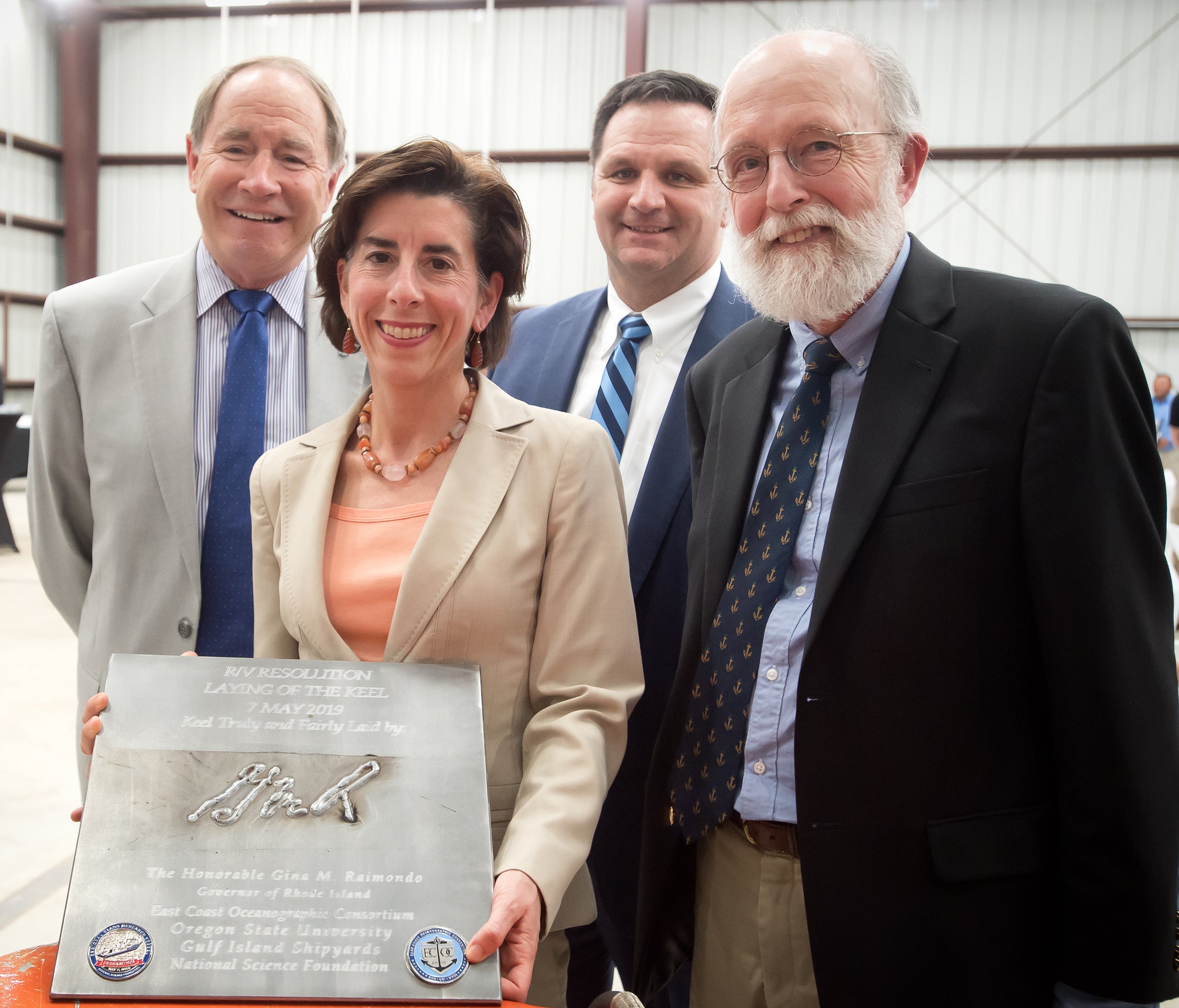 Rhode Island Governor Gina Raimondo is joined by URI President David Dooley, GSO Dean Bruce Corliss and Chair of the Rhode Island Council on Postsecondary Education Timothy DelGiudice at the May 7, 2019 R/V Resolution keel laying ceremony in Houma, La.