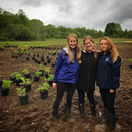 Becky Gumbrewicz, Sara Tucker and Sara Dotson plant a pollinator garden