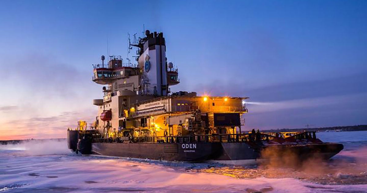 An icebreaker navigating frozen waters