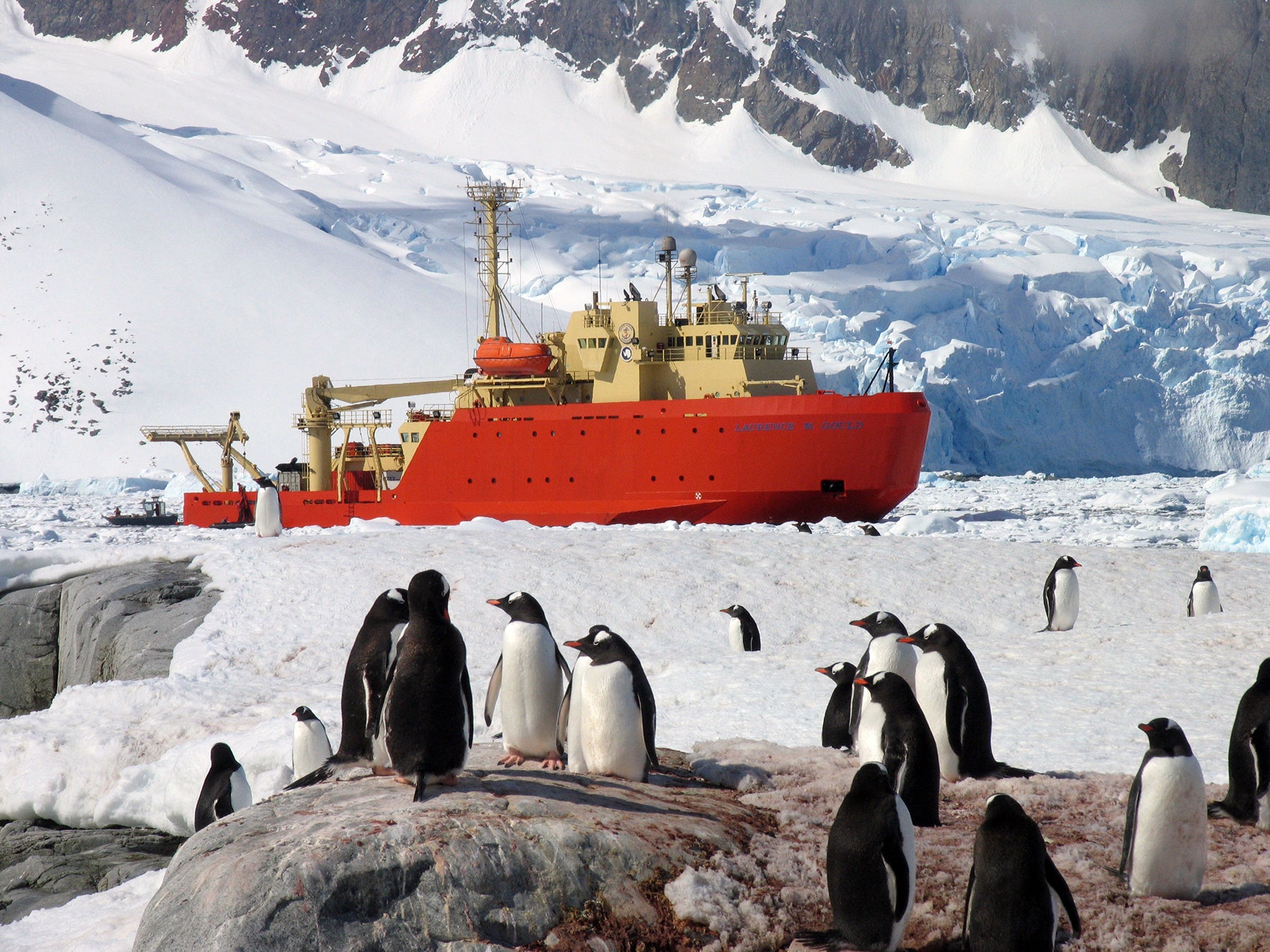 R/V Laurence M. Gould passes a colony of penguins