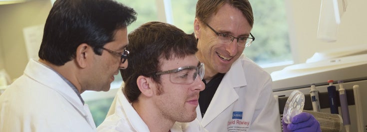URI Pharmacology professors David Rowley and Navindra Seeram working in the lab with graduate student Robert Deering.