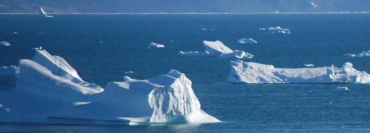 Headline: Teach a nation about climate change. Pictured: iceburgs in the Arctic Ocean