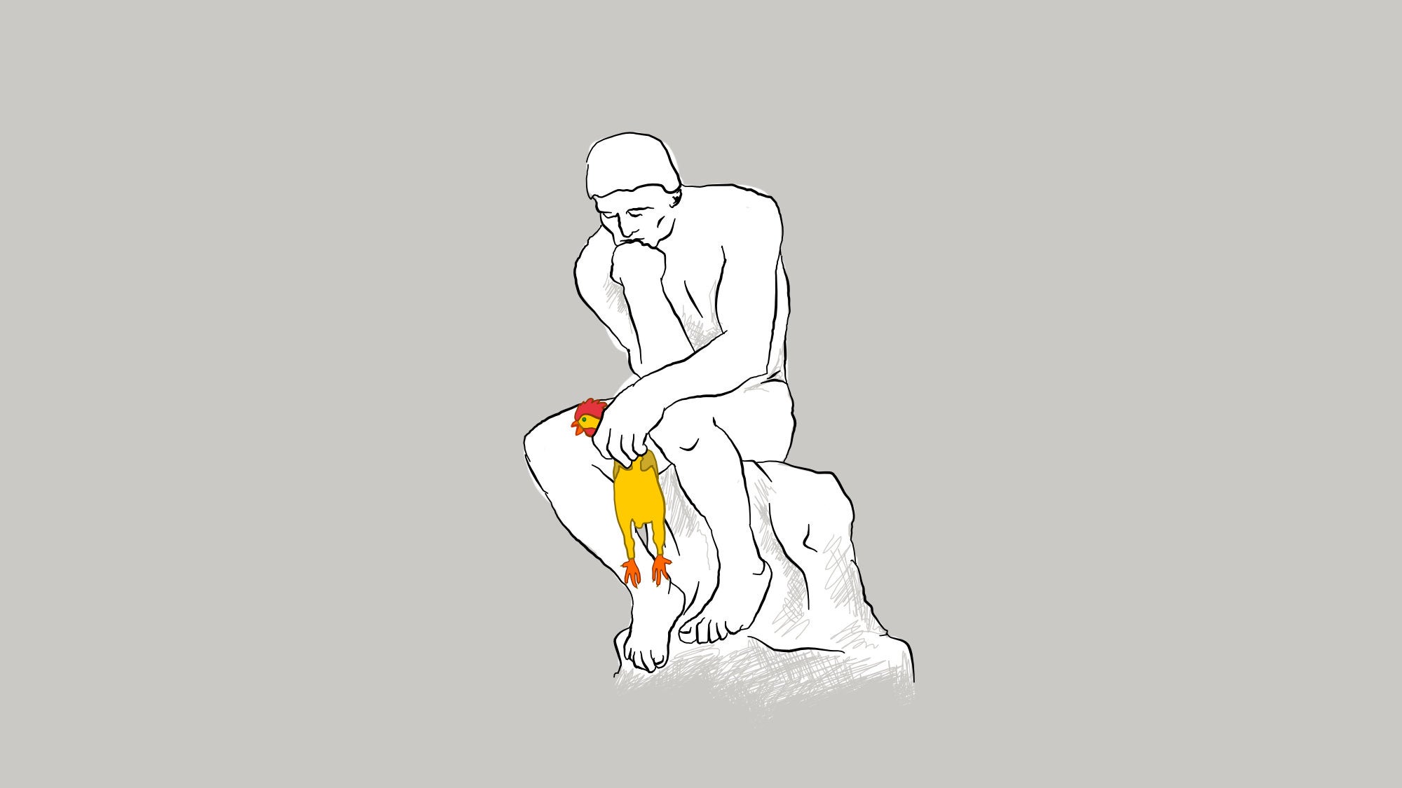 Illustration of The Thinker holding a rubber chicken