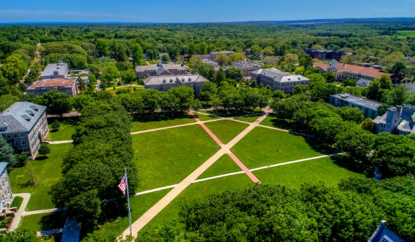 An Aerial view of the Kingston campus above the quadrangle