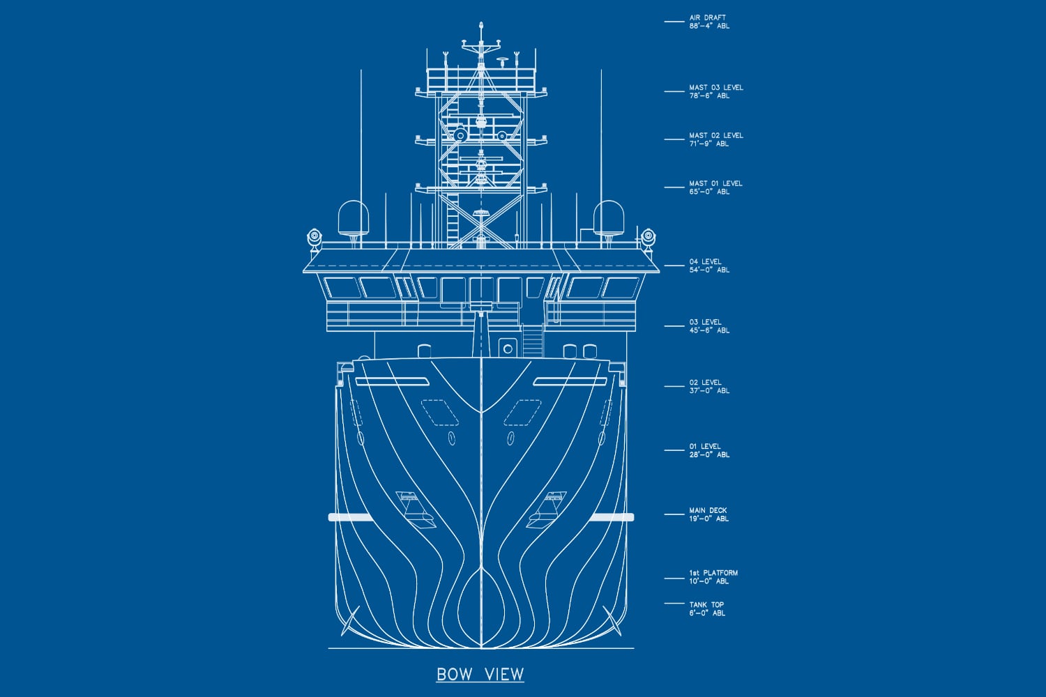 bow view blueprint of the R/V Resolution