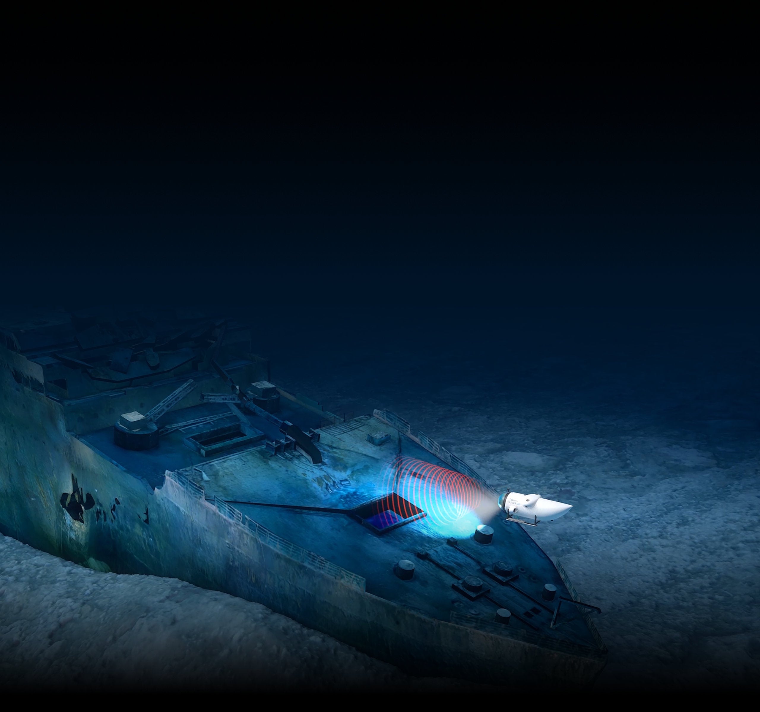 Rendering of the submersible Titan exploring the Titanic