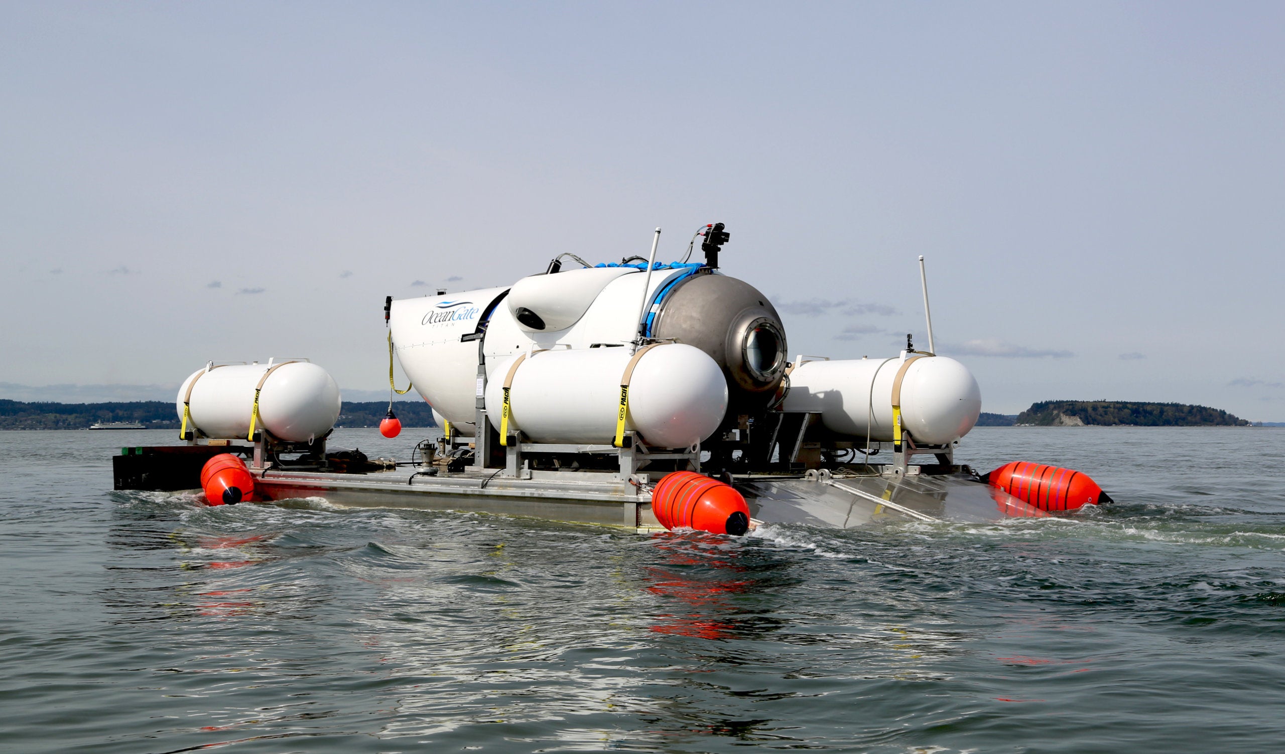 The submersible Titan on a transport platform in the ocean