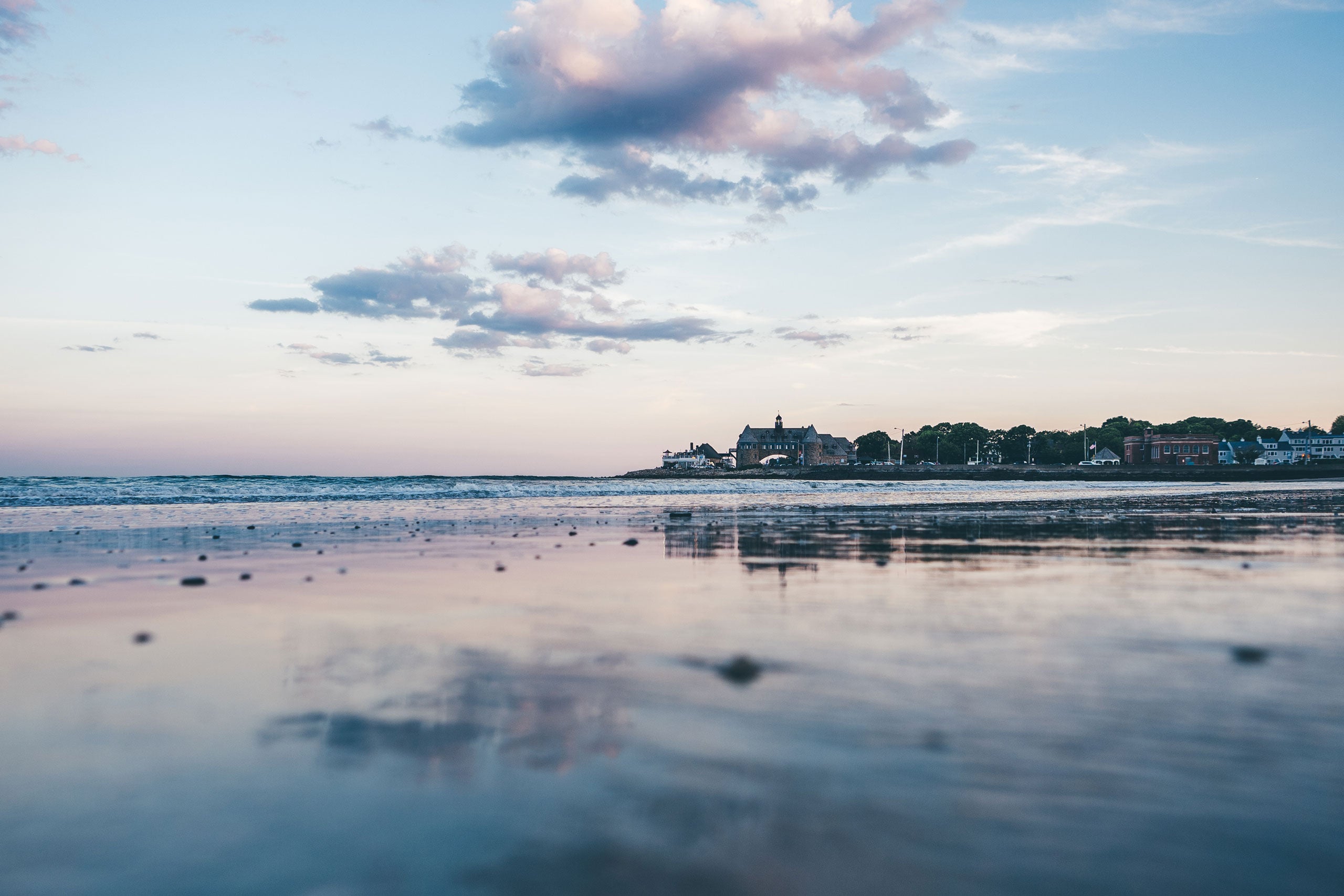 Low tide at Narragansett Beach with a view of the Towers