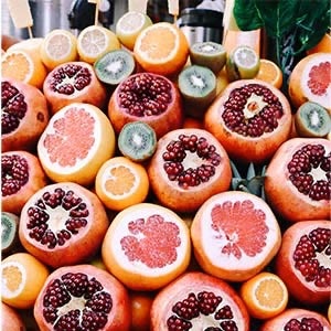 pomegranates, oranges, kiwis