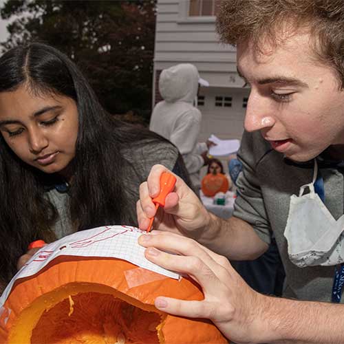 students working on pumpkin design before carving