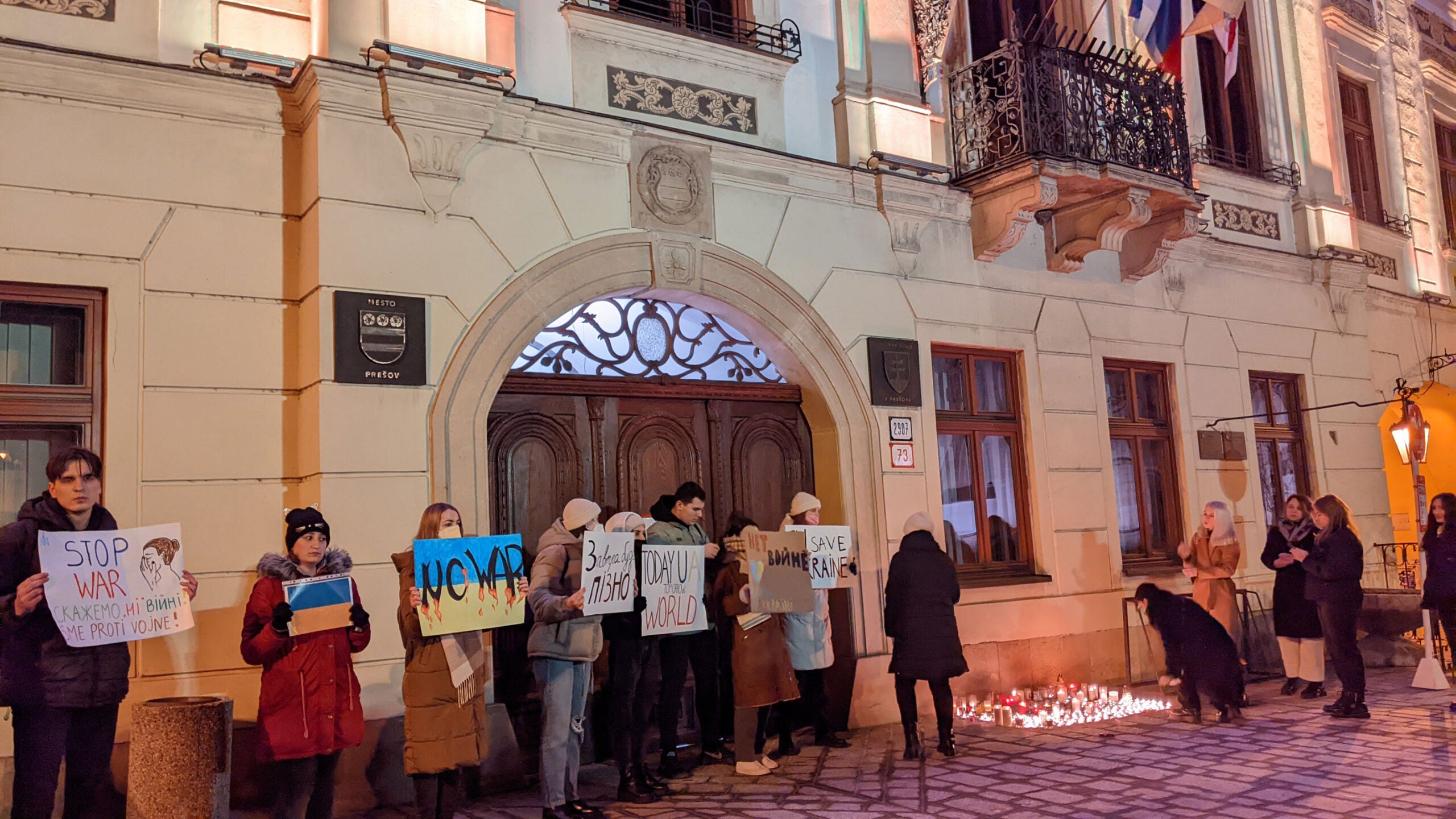 Anti-war vigil in front of City Hall in the Slovak city of Prešov, near the border with Ukraine