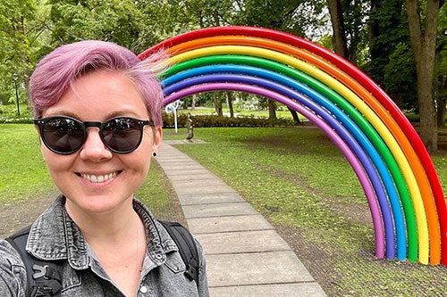 Fulbright awardee Meg Jones in Oslo with rainbow in the background