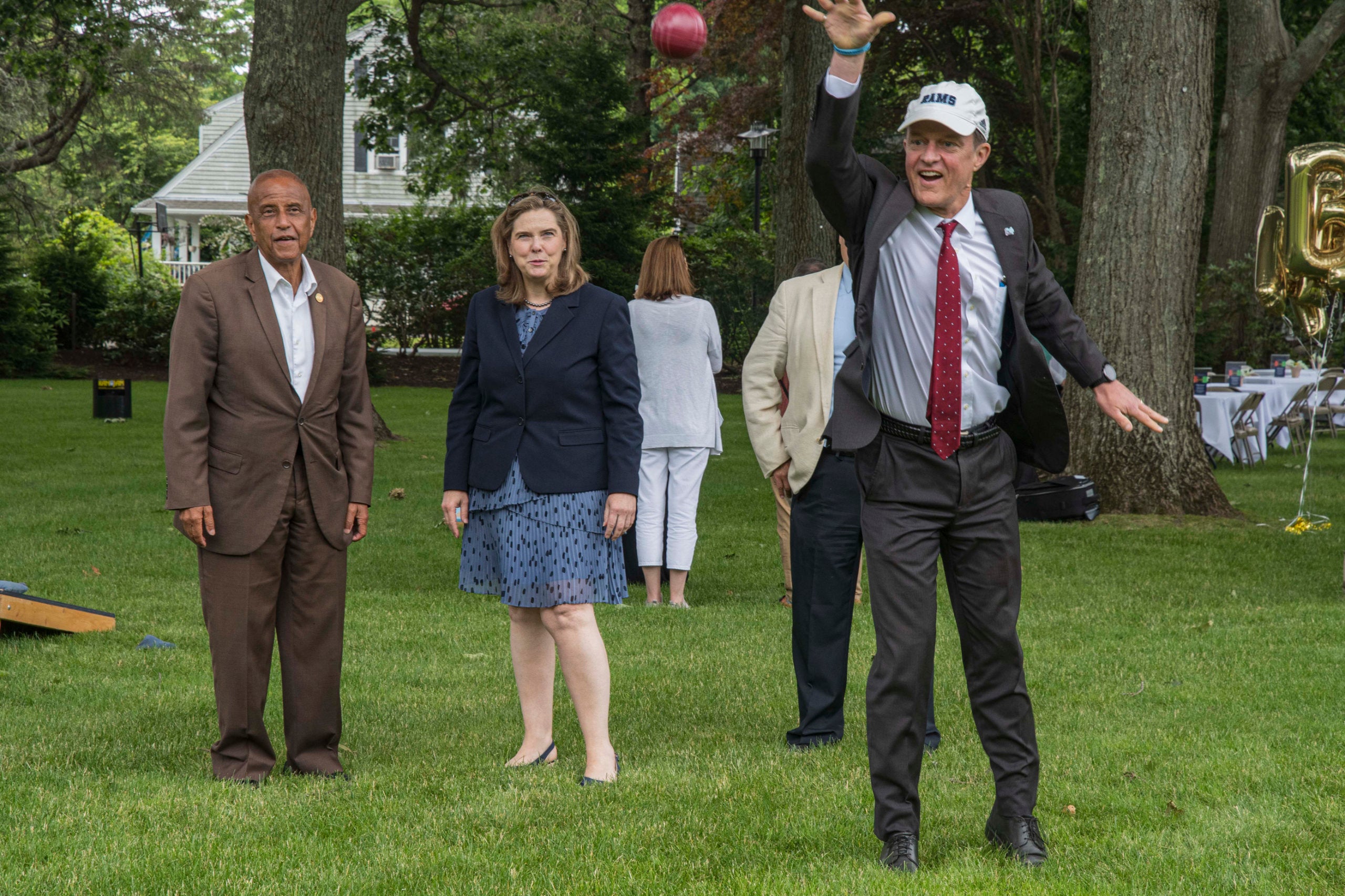 President Marc Parlange plays lawn games with Jim Vincent, Head of the Providence NAACP as part of the 2022 Juneteenth Celebration