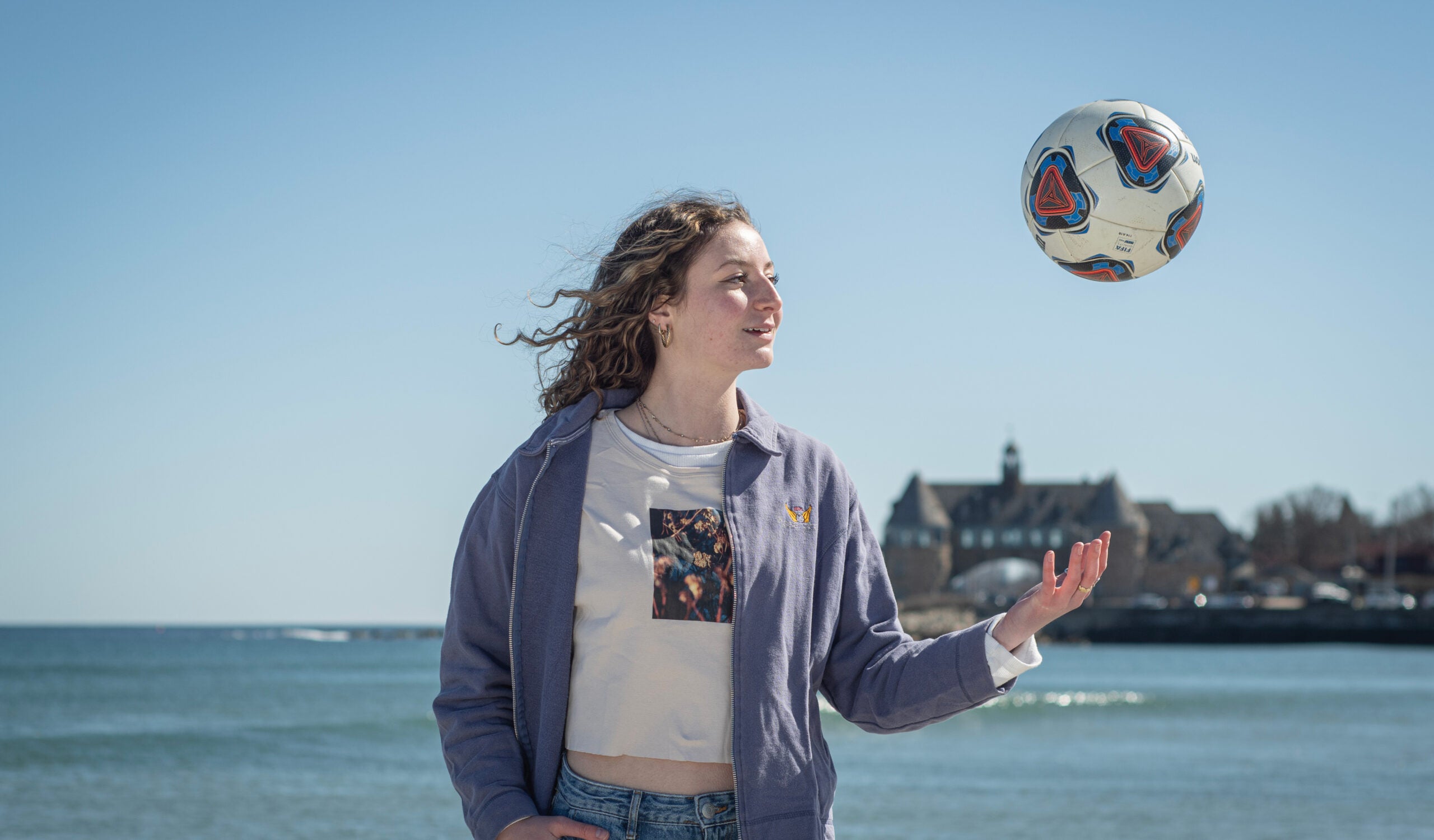 laila rosenthal with soccer ball at Narragansett Beach RI