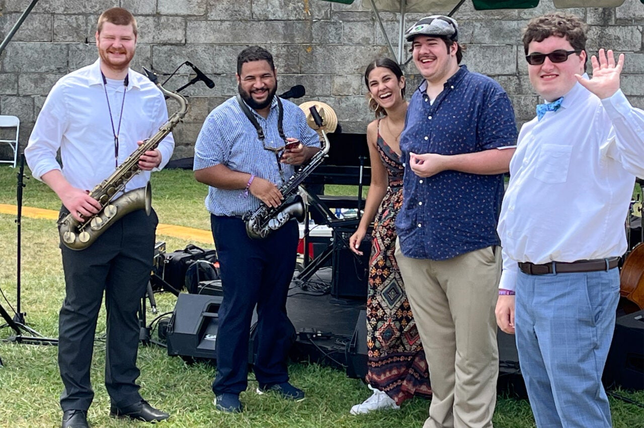 Members of the 2023 URI jazz band the Jazz Cats performing at the Newport Jazz Festival