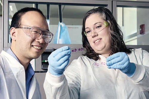Pharmacy professors Kaitlin Dailey and Ting-Yu Shih examine genetically altered bacteria on a microscope slide